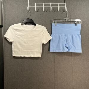 OQQ Workout 2 PC White Crop Top Size M and Blue Short Size L
